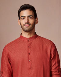 Manyavar Men Rust Red Self Design Kurta