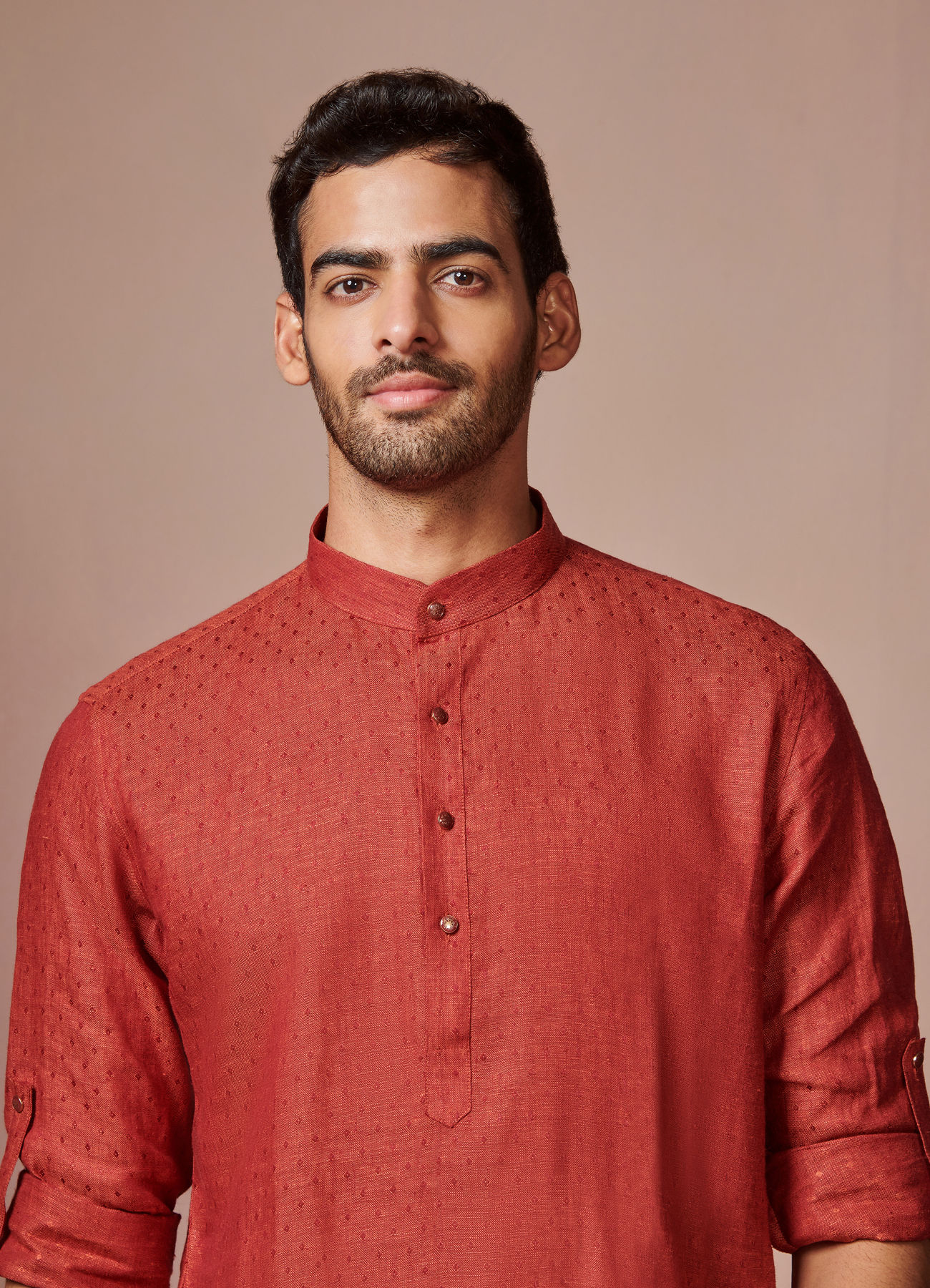 Manyavar Men Rust Red Self Design Kurta