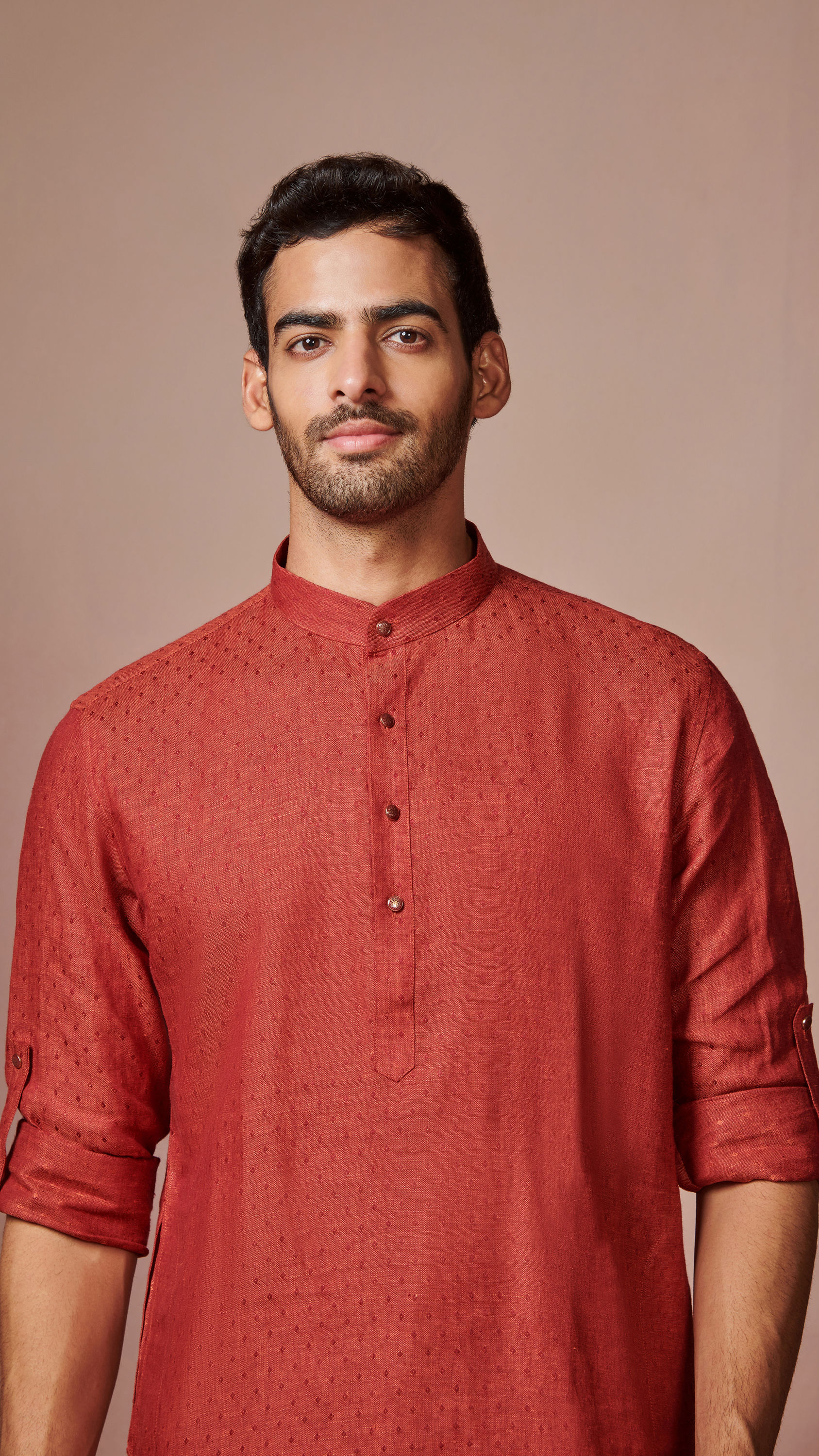 Manyavar Men Rust Red Self Design Kurta