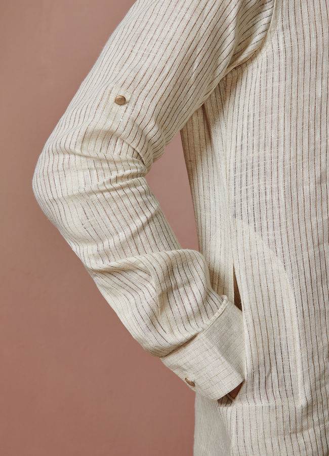 Manyavar Men Light Cream Self Striped Kurta