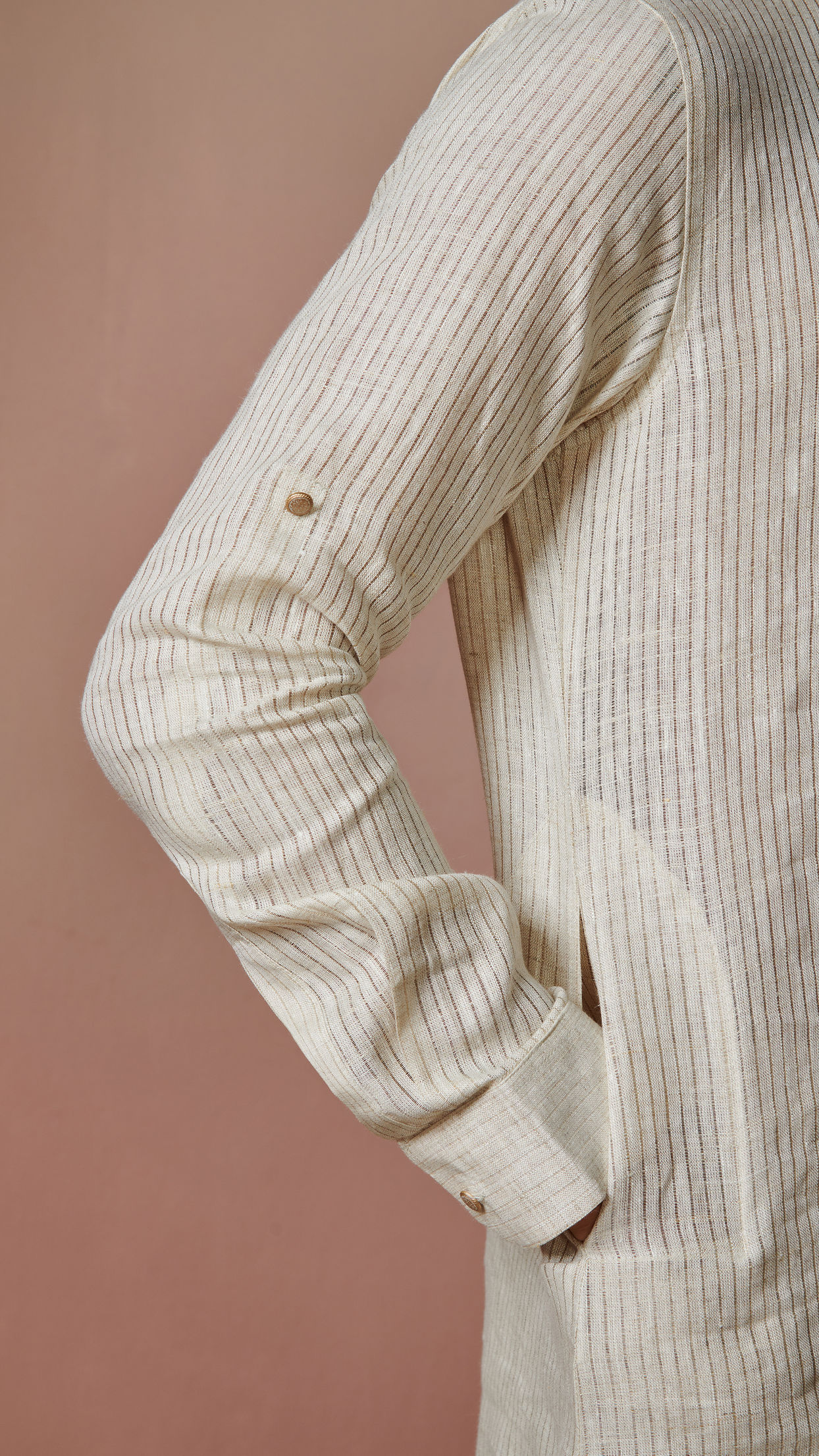 Manyavar Men Light Cream Self Striped Kurta