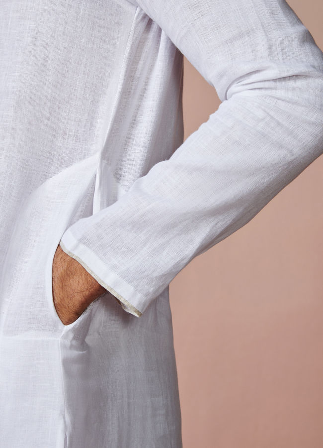Manyavar Men White Self Striped Kurta