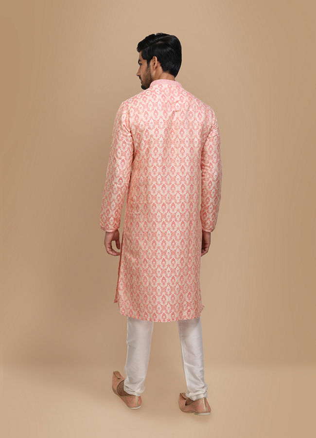 alt message - Manyavar Men Peach Jacquard Kurta Set image number 2