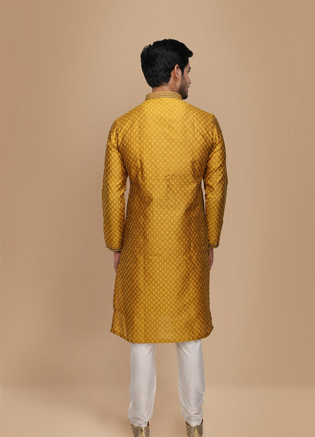 Manyavar Men Molten Gold Yellow Jacquard Kurta Set