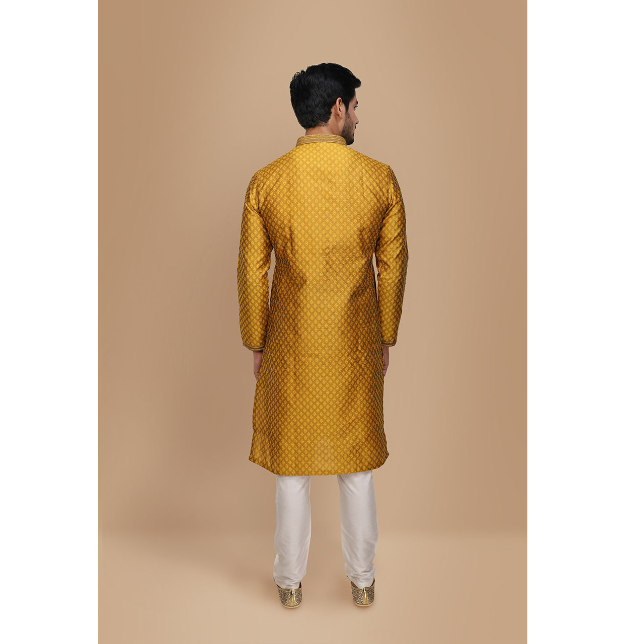 Manyavar Men Molten Gold Yellow Jacquard Kurta Set