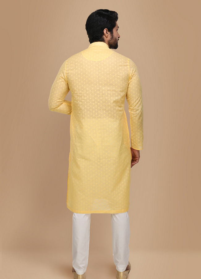 alt message - Manyavar Men Light Yellow Self Booti Motif Kurta Set image number 2