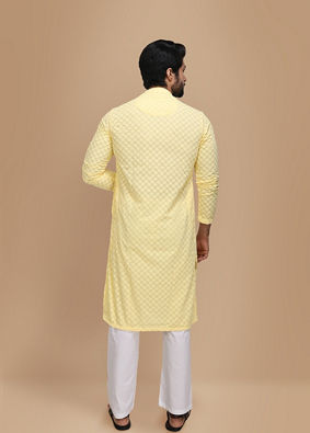 alt message - Manyavar Men Light Yellow Chikankari Kurta Set image number 2