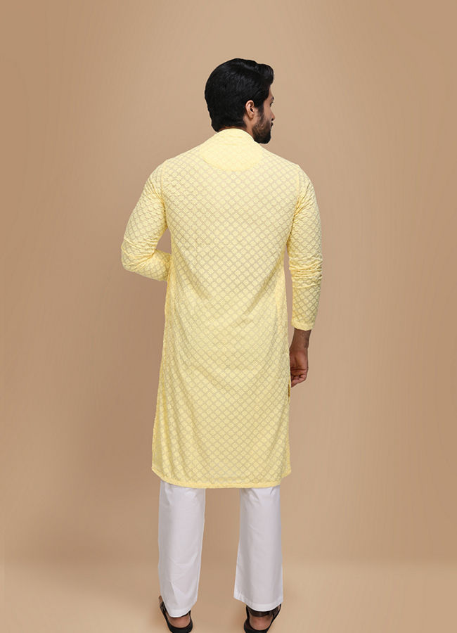 alt message - Manyavar Men Light Yellow Chikankari Kurta Set image number 2