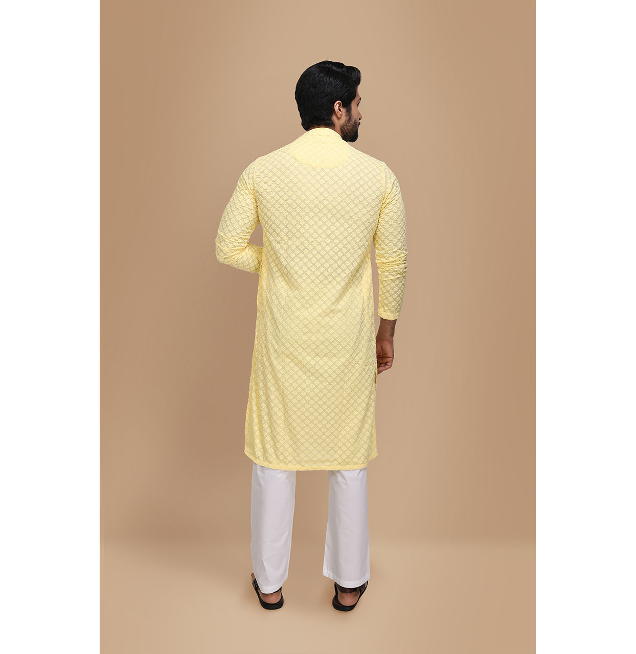 alt message - Manyavar Men Light Yellow Chikankari Kurta Set image number 2