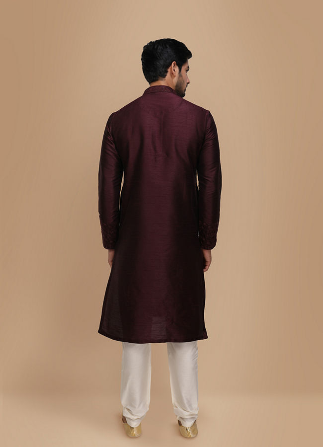 Manyavar Men Plum Thread Embroidered Kurta Set image number 2