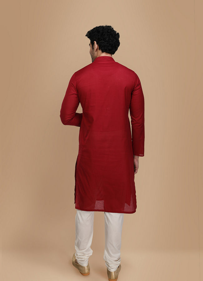 Manyavar Men Ruby Red Plain Kurta Set