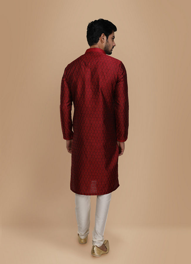 Manyavar Men Maroon Embroidered Jacquard Kurta Set