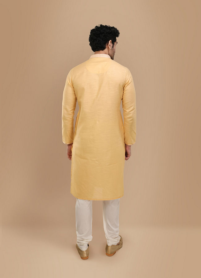 Manyavar Men Macaroon Yellow Self Design Kurta Set