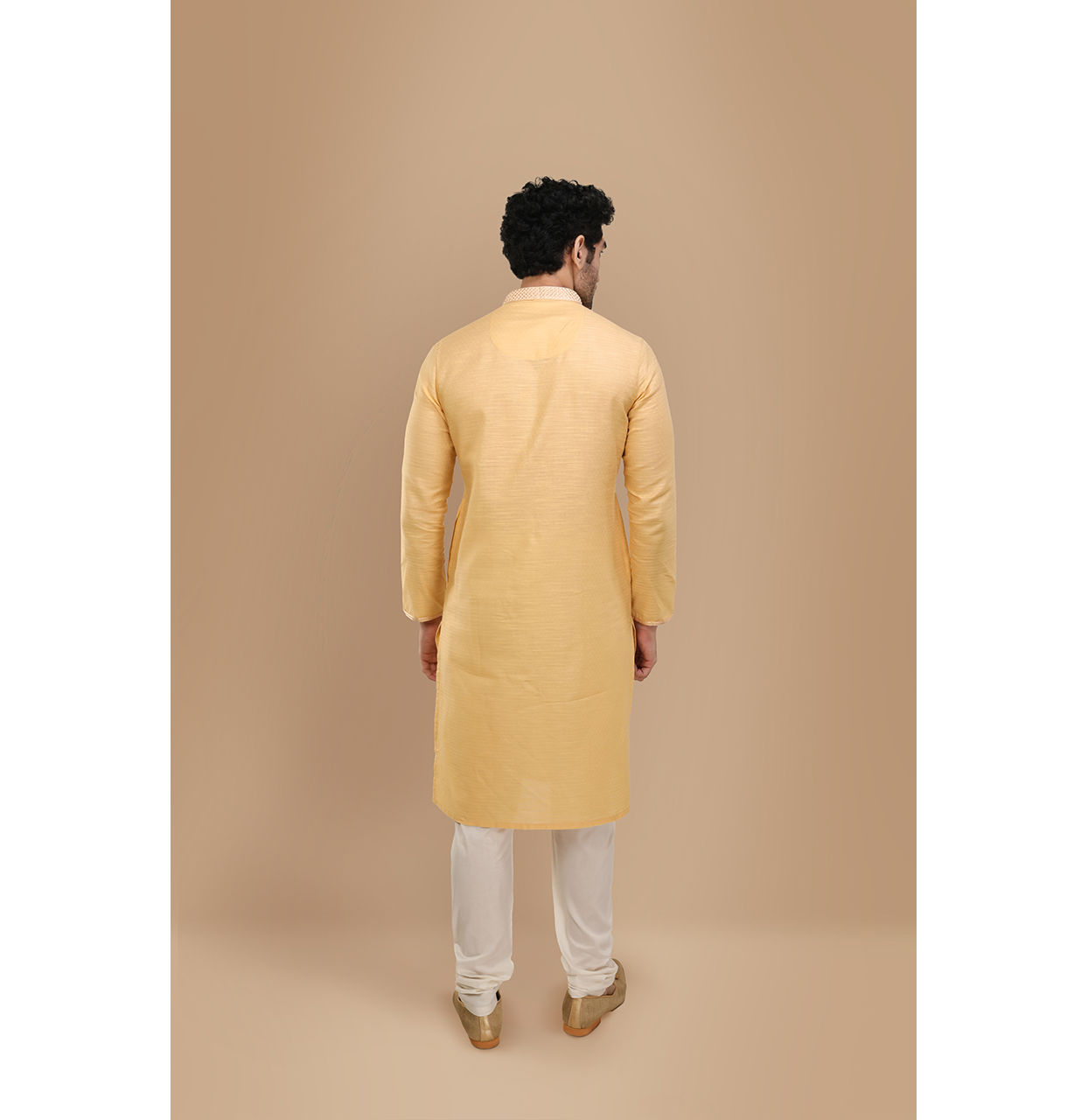 Manyavar Men Macaroon Yellow Self Design Kurta Set