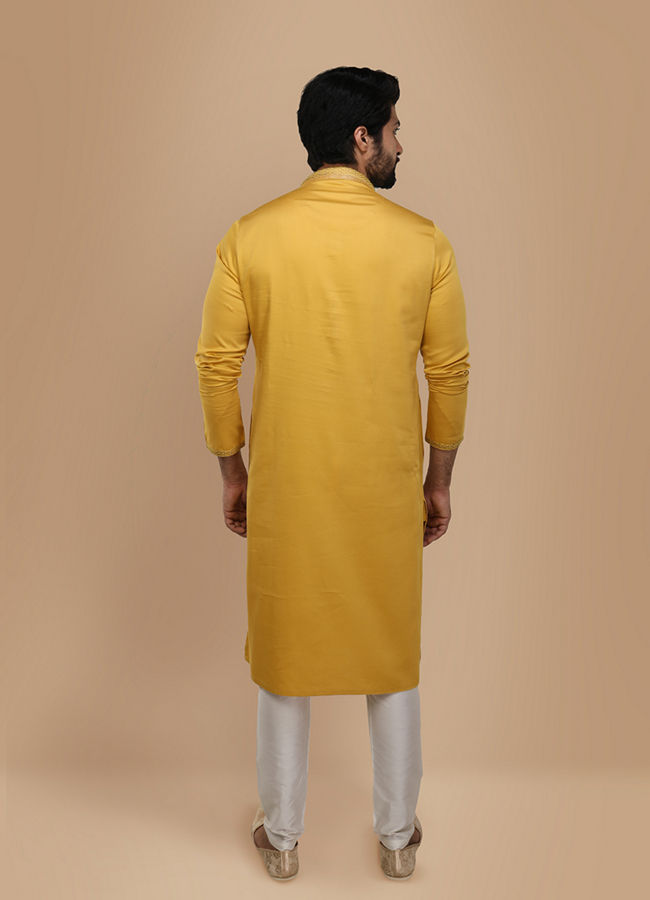 Manyavar Men Mustard Yellow Solid Kurta Set With Neck Detailing