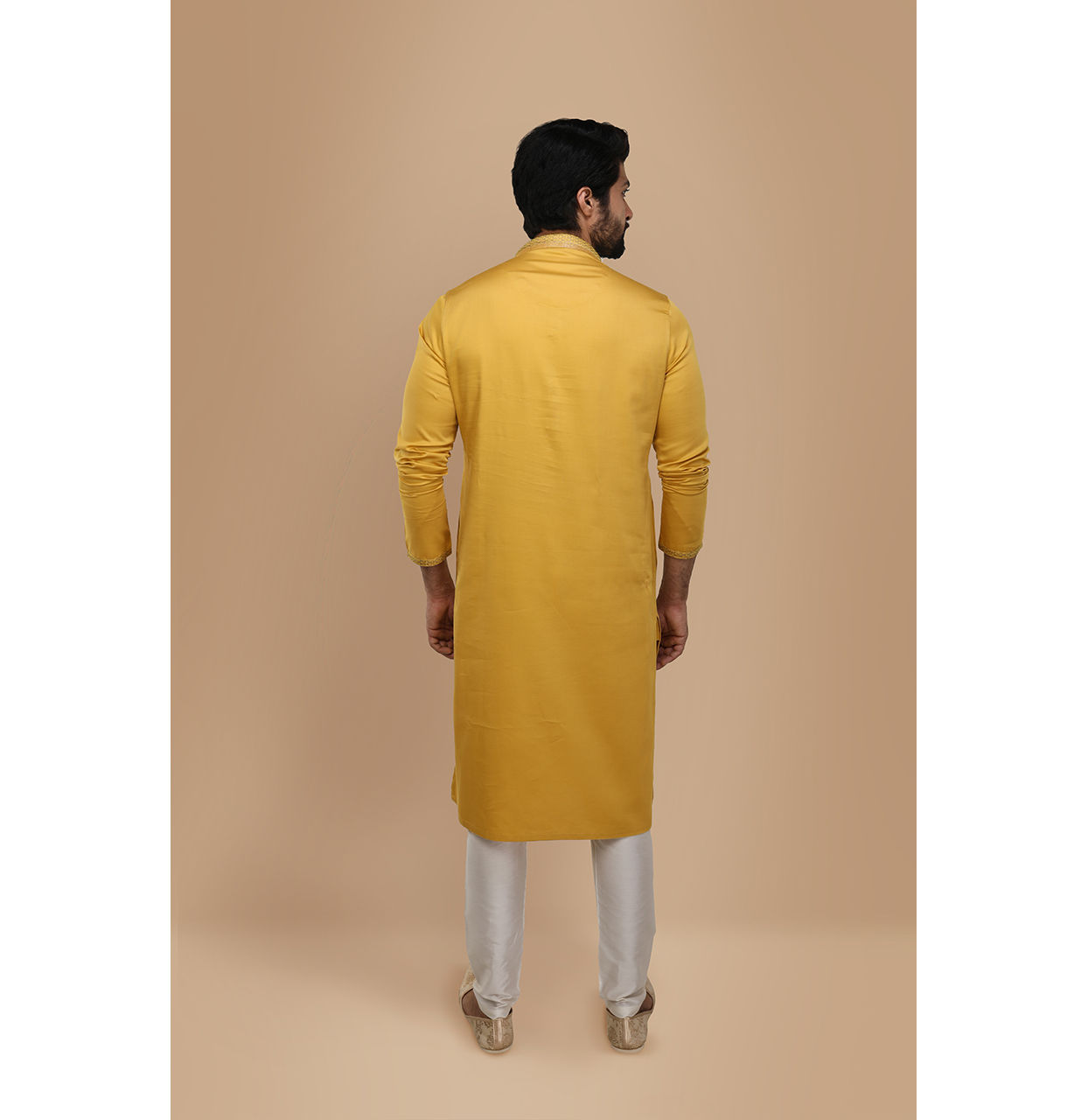 Manyavar Men Mustard Yellow Solid Kurta Set With Neck Detailing