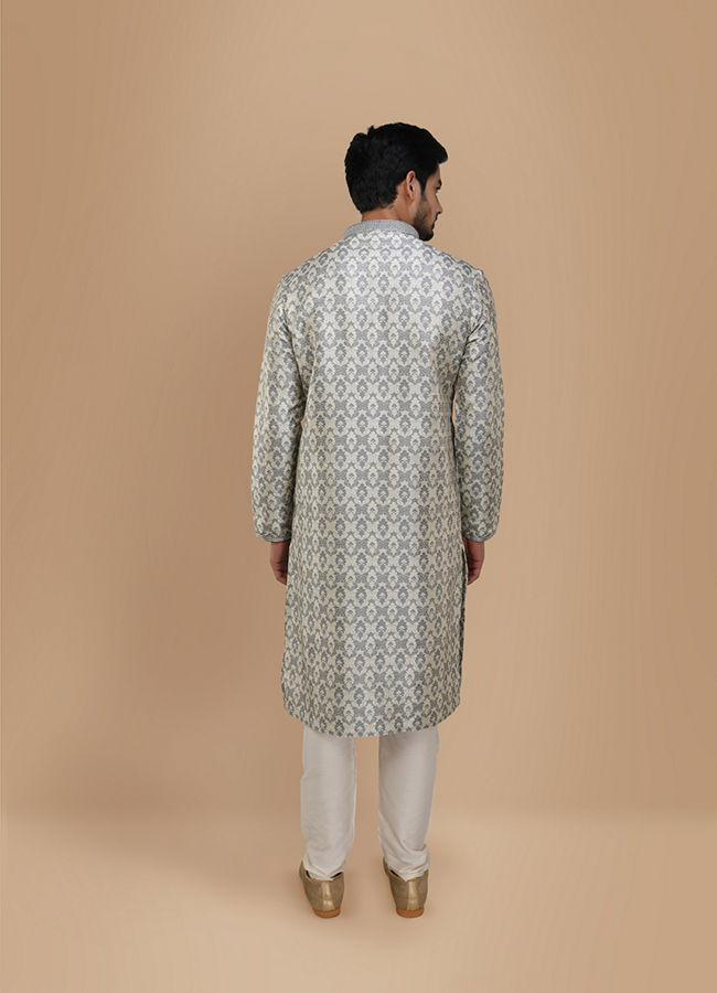 Manyavar Men Cloud Grey Jacquard Kurta Set