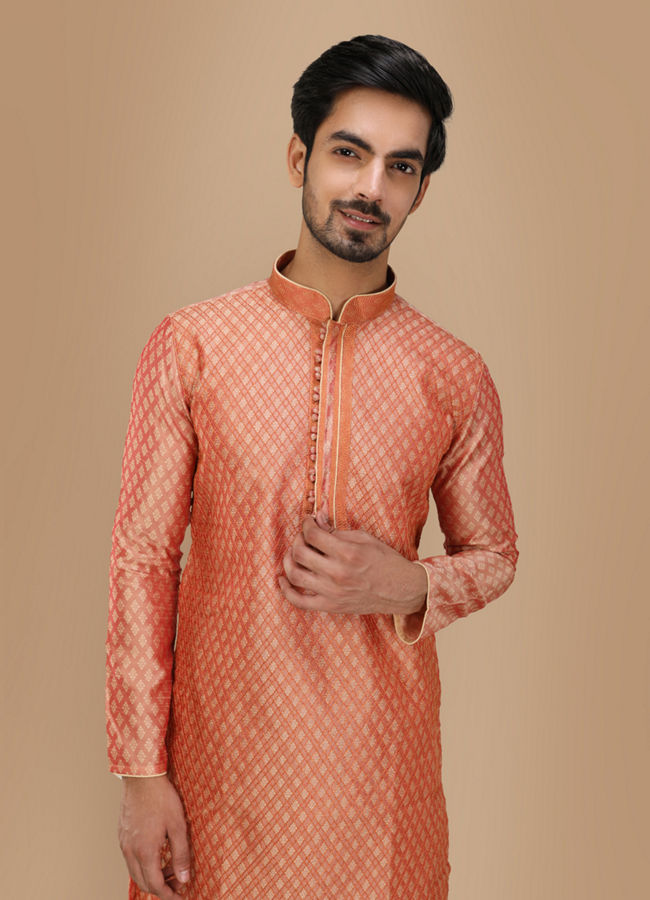 alt message - Manyavar Men Deep Coral Self Motif Kurta Set image number 0