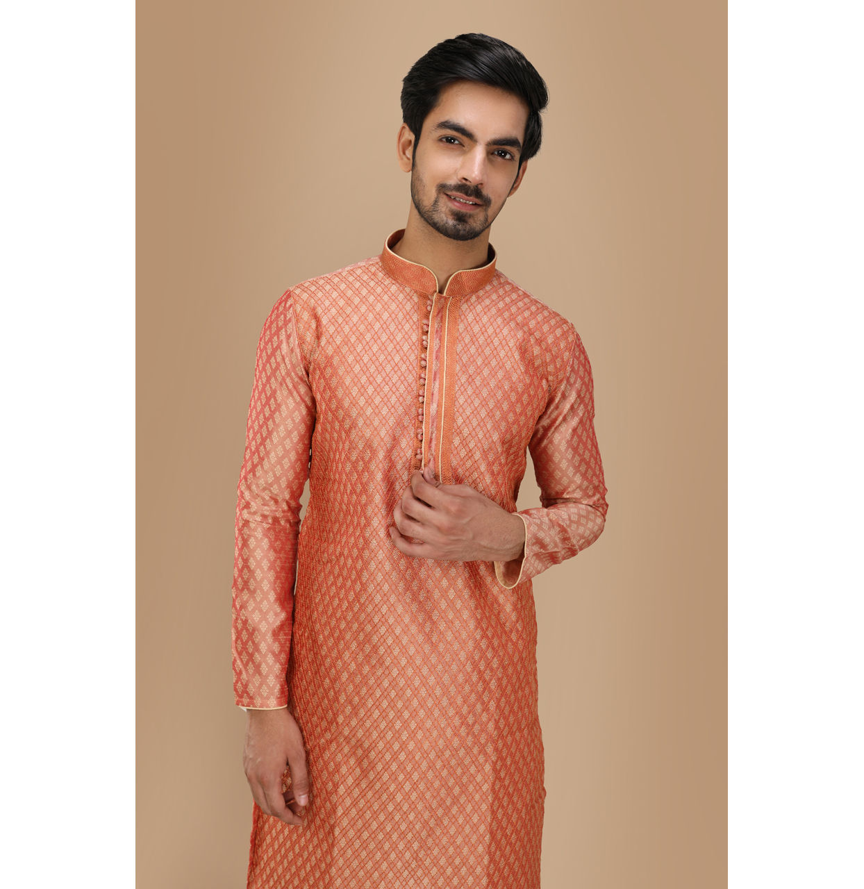 alt message - Manyavar Men Deep Coral Self Motif Kurta Set image number 0