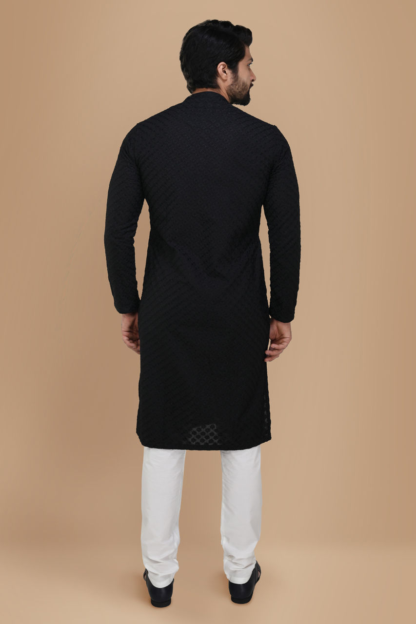 Manyavar Men Black Self Embroidered Kurta Set