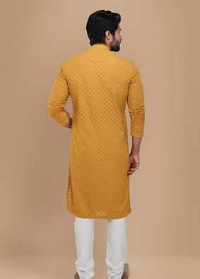 Manyavar Men Mustard Yellow Chikankari Kurta Set image number 2