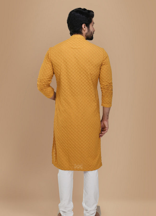 alt message - Manyavar Men Mustard Yellow Chikankari Kurta Set image number 2