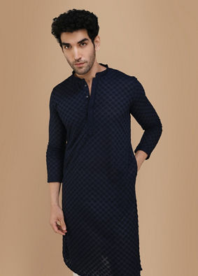 alt message - Manyavar Men Royal Blue Chikankari Kurta Pajama image number 0