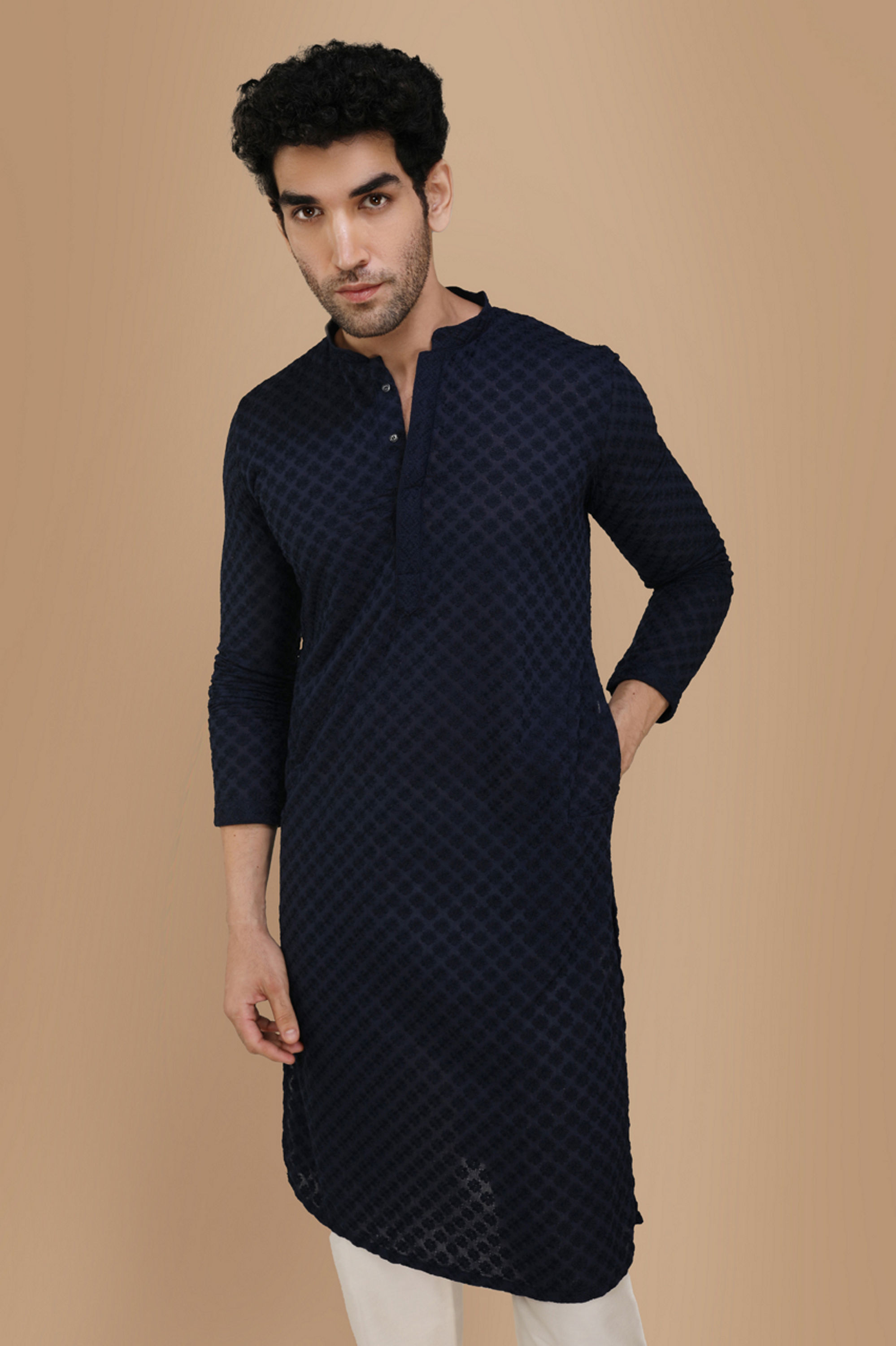 Manyavar Men Royal Blue Chikankari Kurta Pajama