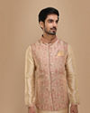 Manyavar Men Block Print Jacket With Beige Kurta Set