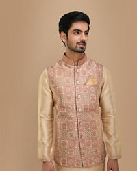 Manyavar Men Block Print Jacket With Beige Kurta Set