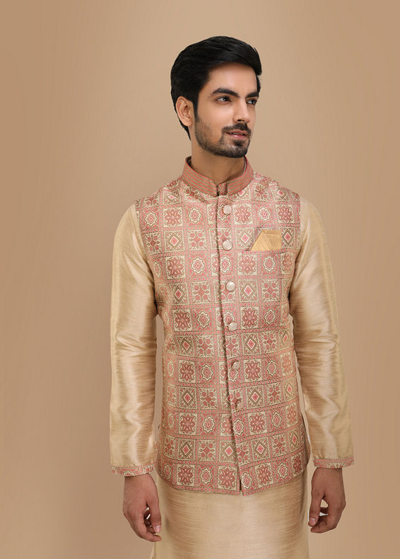 Manyavar Men Block Print Jacket With Beige Kurta Set