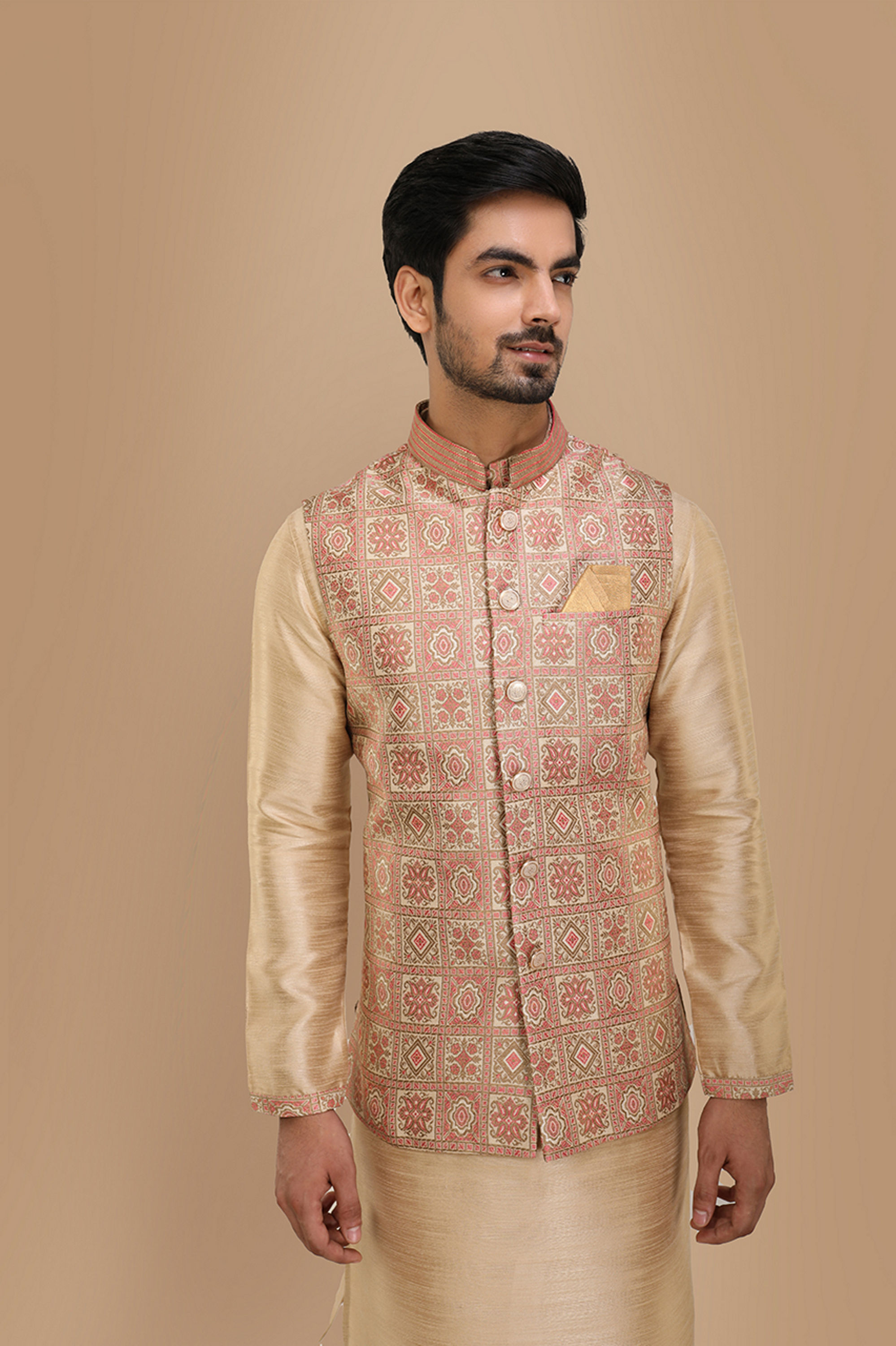Manyavar Men Block Print Jacket With Beige Kurta Set
