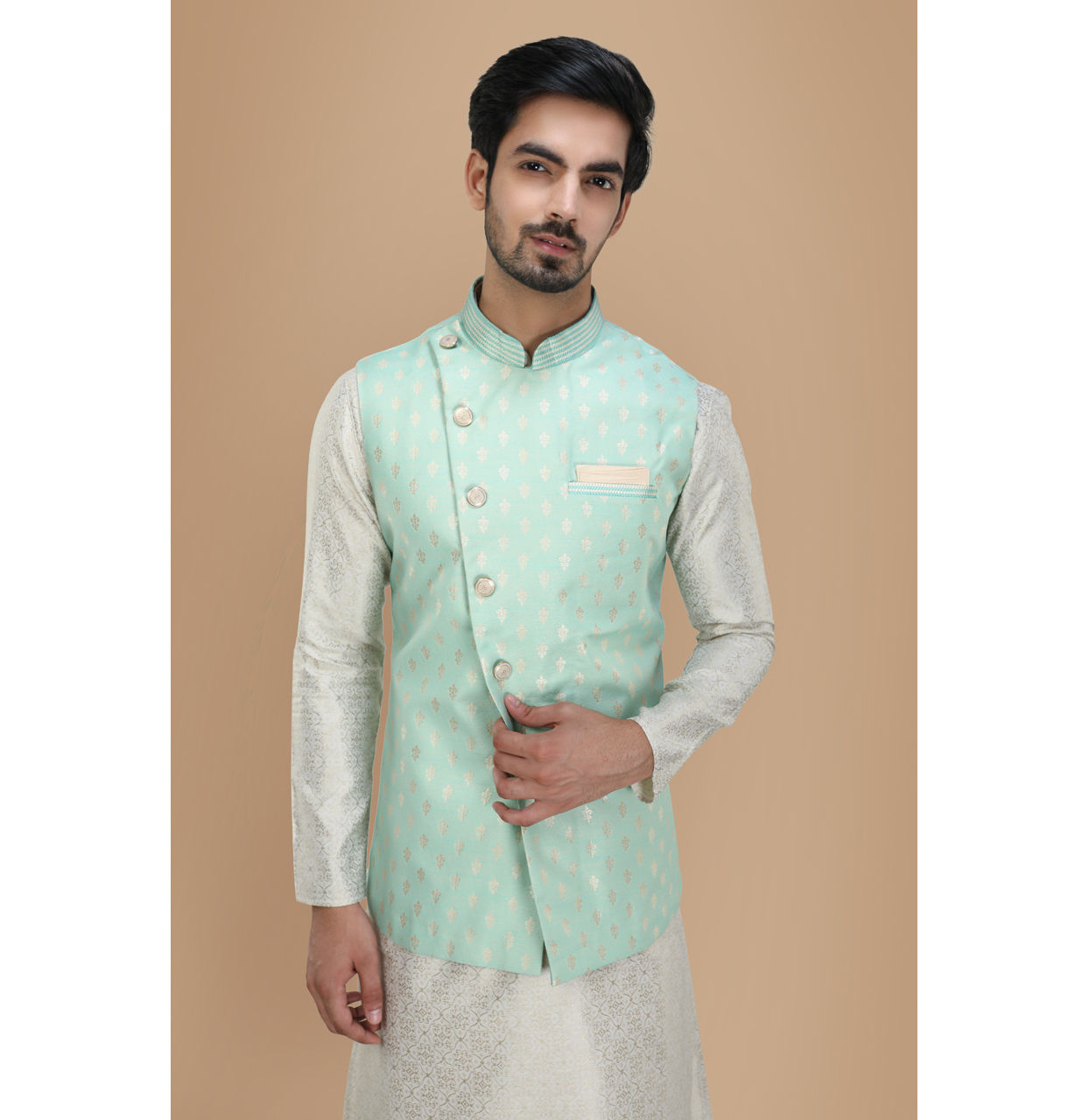 Manyavar Men Light Blue Kurta Jacket Set image number 0