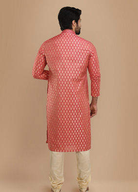 alt message - Manyavar Men Dark Peach Jacquard Kurta Set image number 2