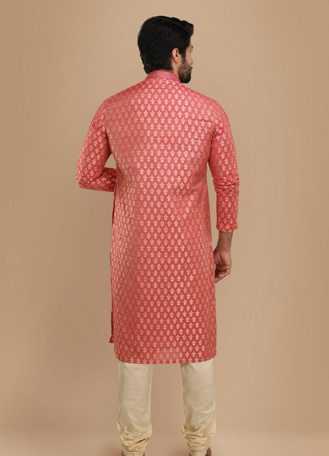 Manyavar Men Dark Peach Jacquard Kurta Set