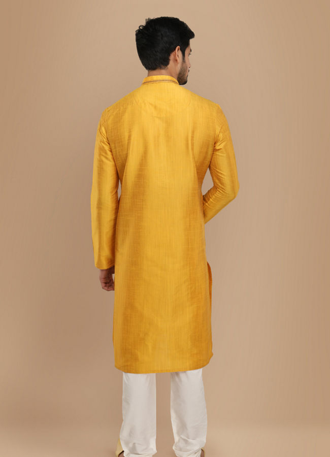 Manyavar Men Mustard Yellow Plain Kurta Set With Neck Detailing