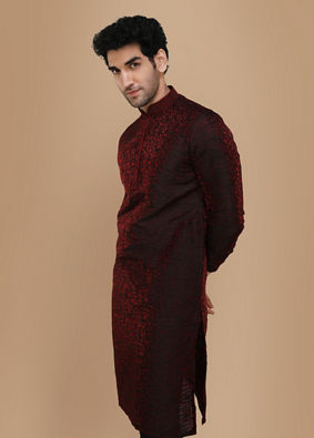 alt message - Manyavar Men Merlot Red Jacquard Kurta Set image number 0