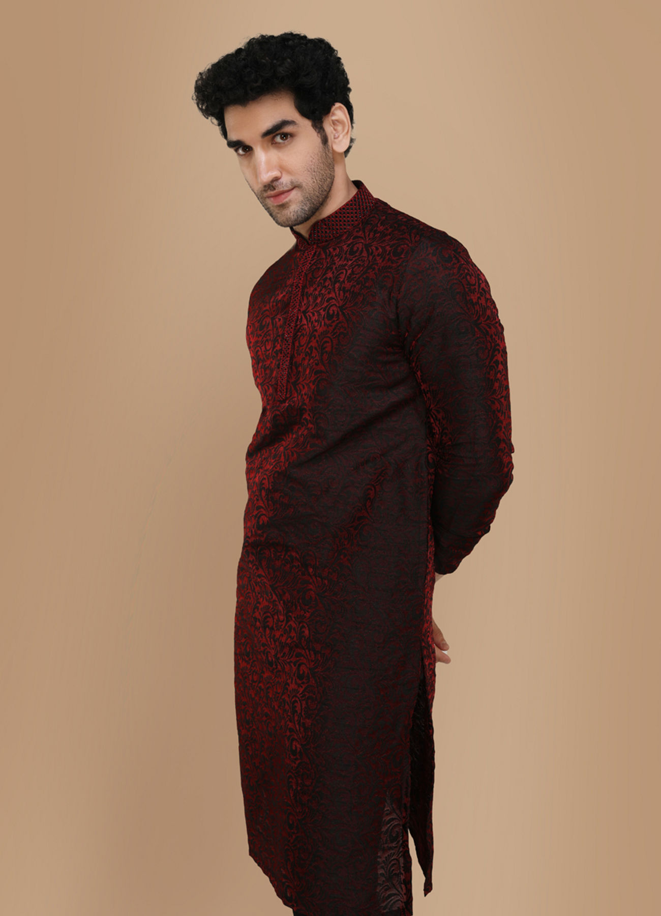 Manyavar Men Merlot Red Jacquard Kurta Set