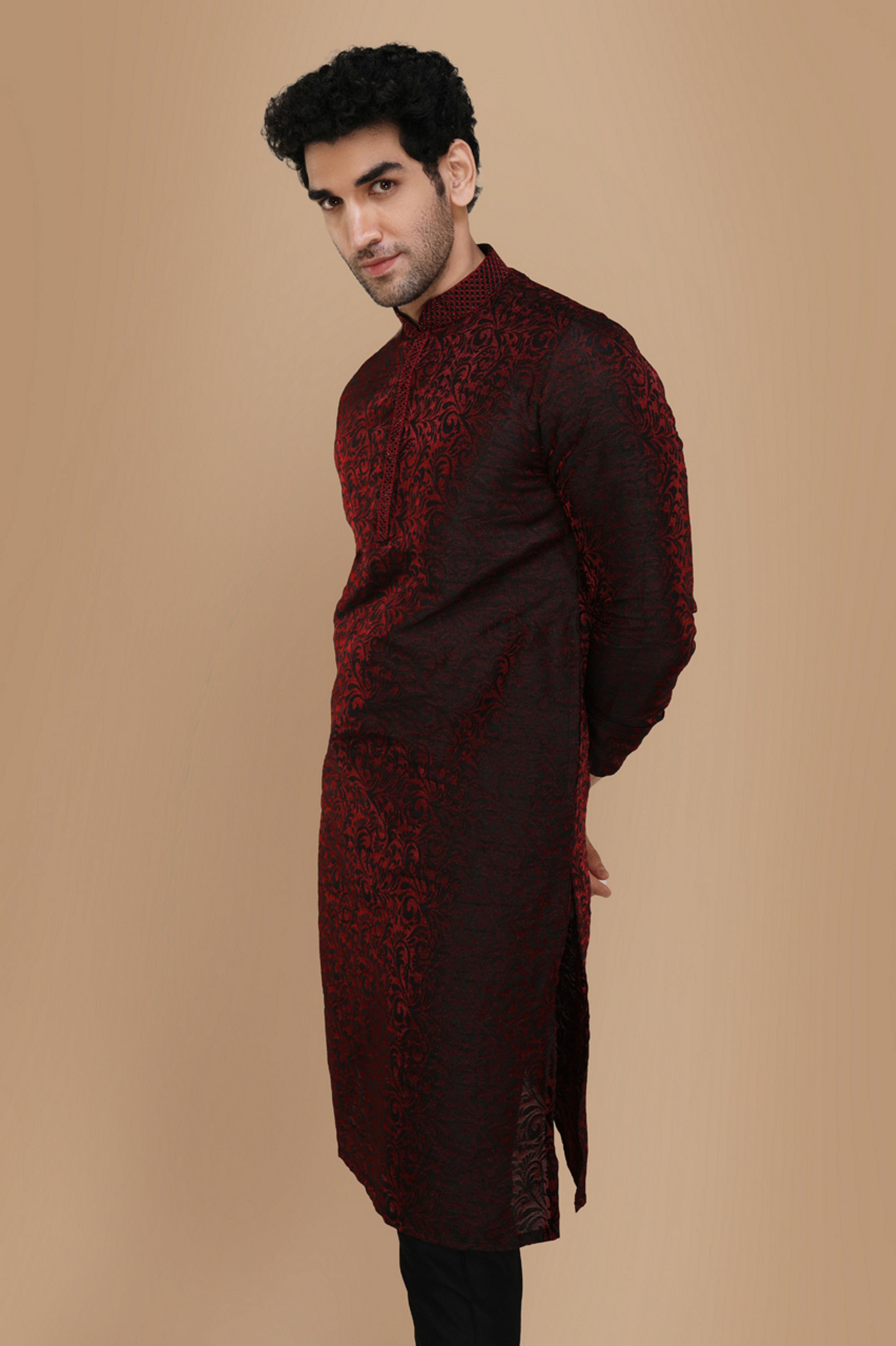 Manyavar Men Merlot Red Jacquard Kurta Set