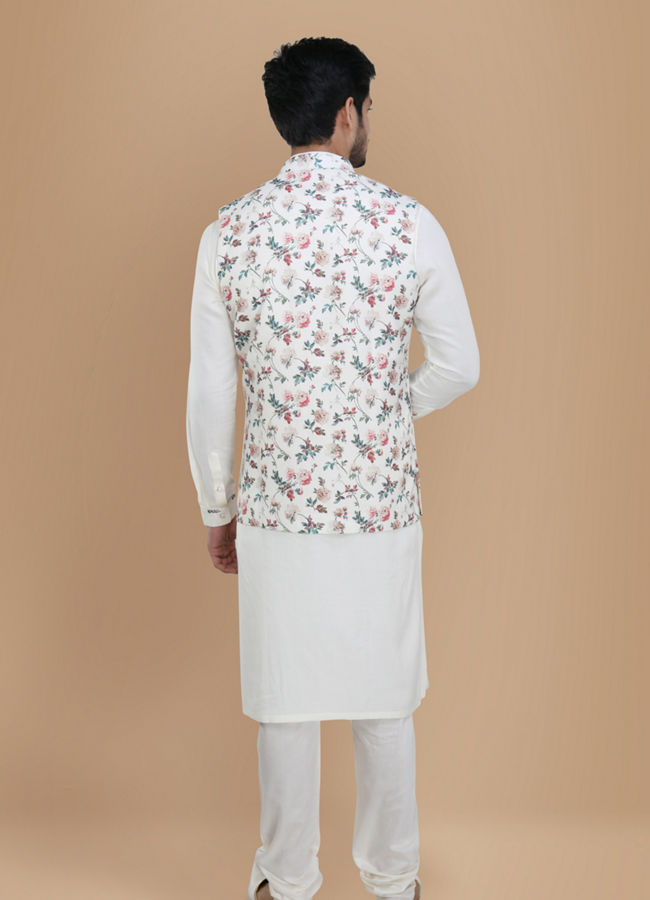 alt message - Manyavar Men Light Cream Floral Print Kurta Jacket Set image number 2