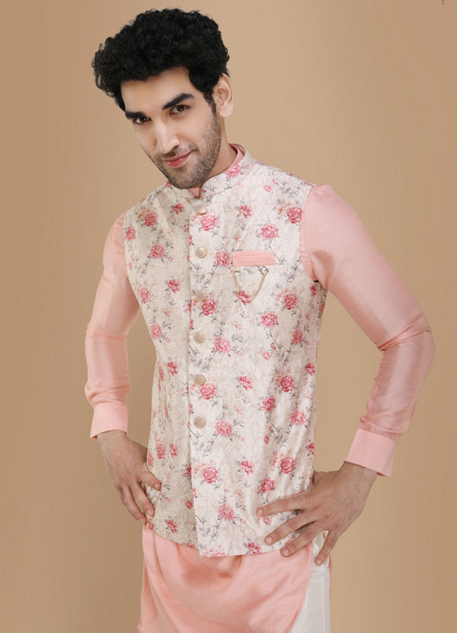 Manyavar Men Pink Draped Kurta Jacket Set