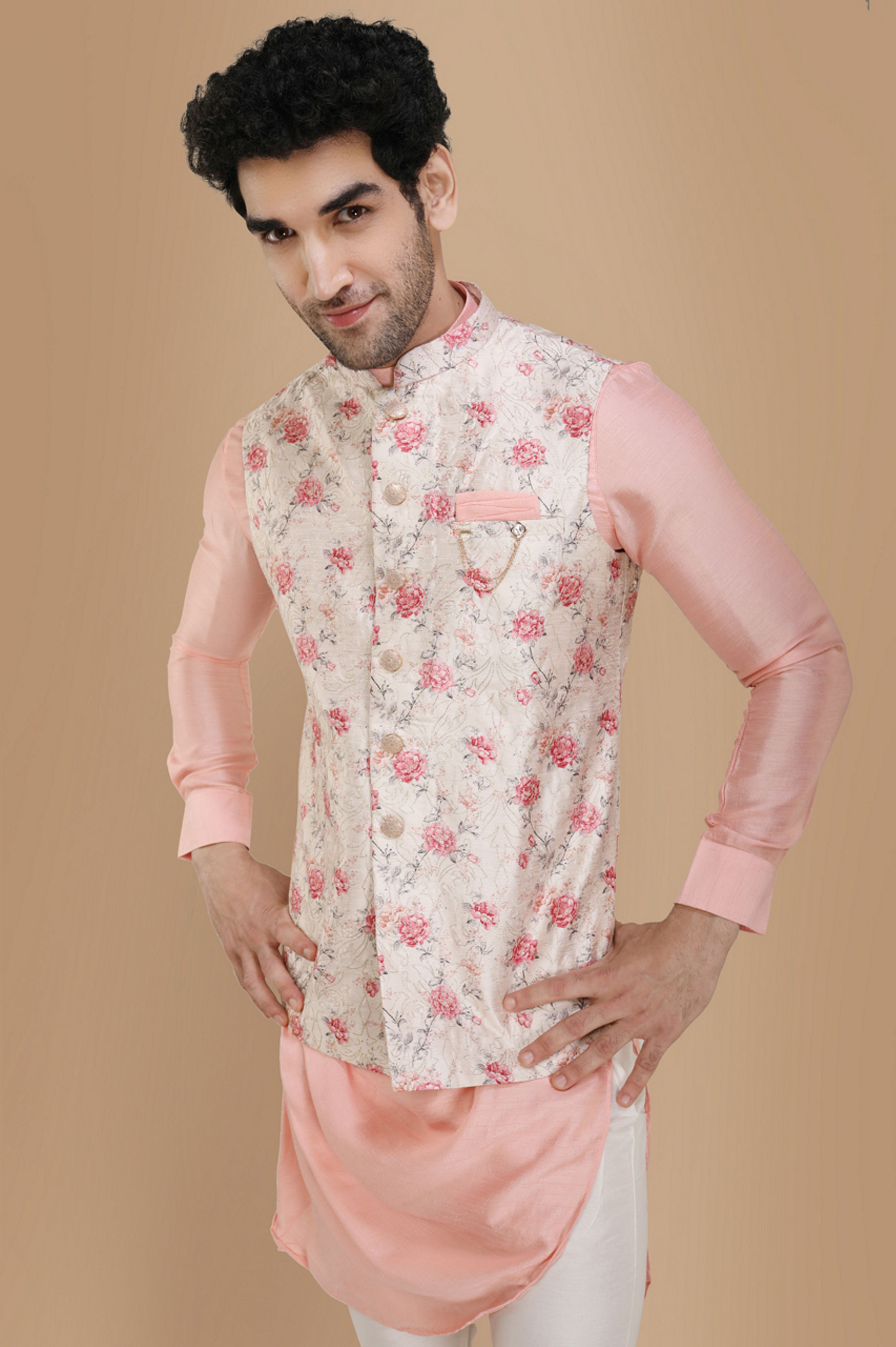 Manyavar Men Pink Draped Kurta Jacket Set