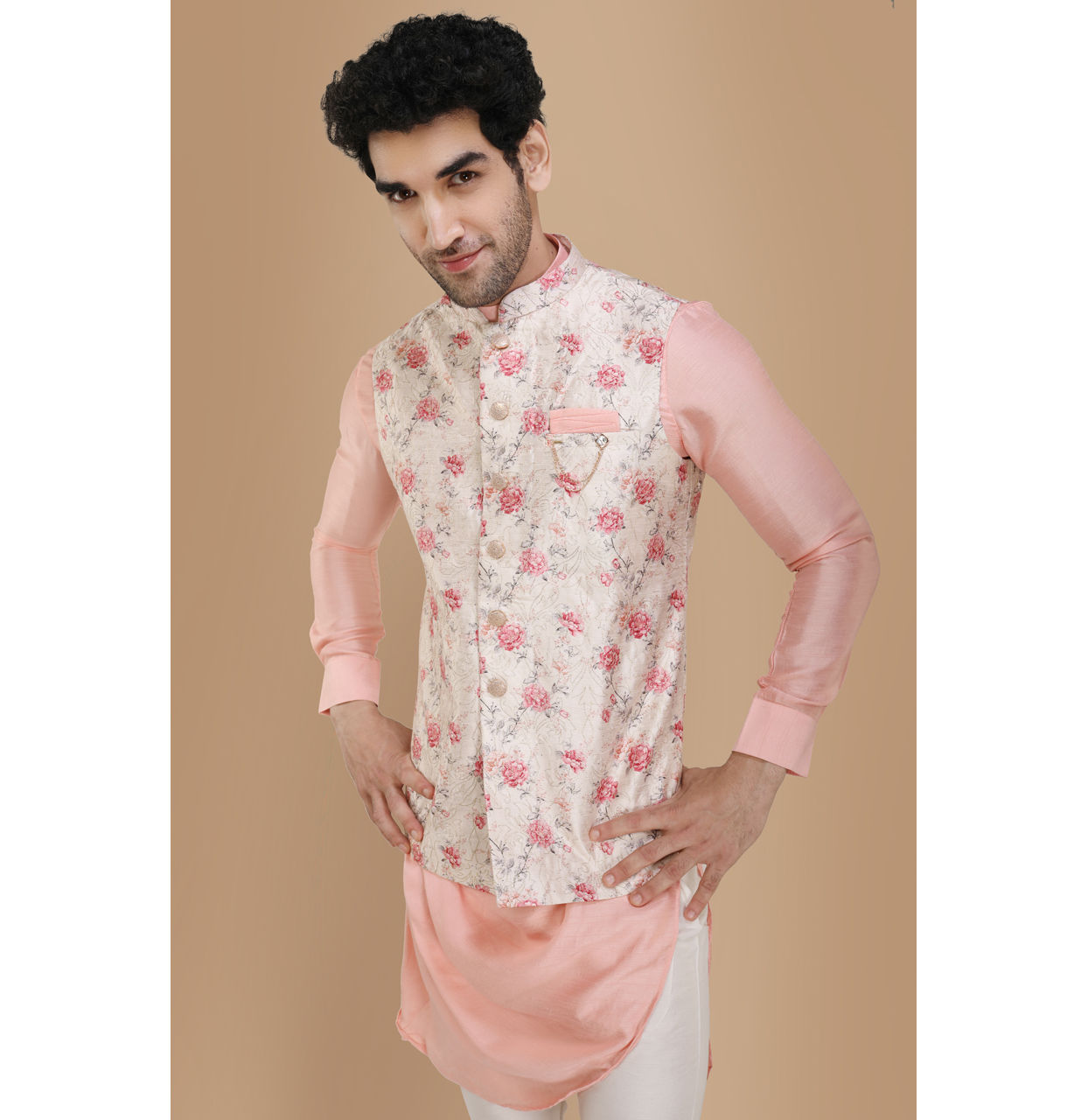 Manyavar Men Pink Draped Kurta Jacket Set
