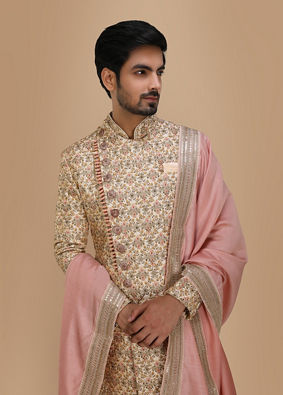 Manyavar Men Aesthetic Fawn Patterned Sherwani Set