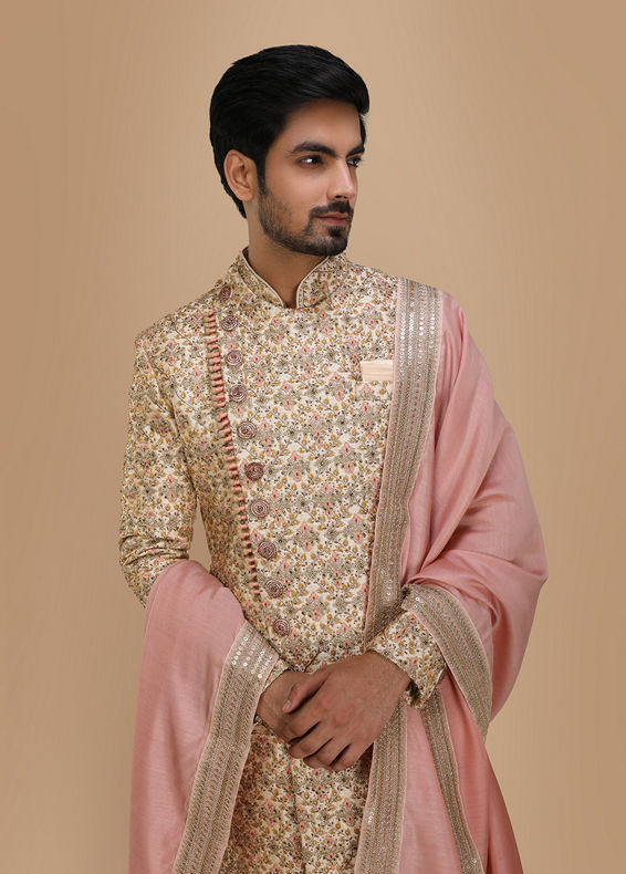 Manyavar Men Aesthetic Fawn Patterned Sherwani Set