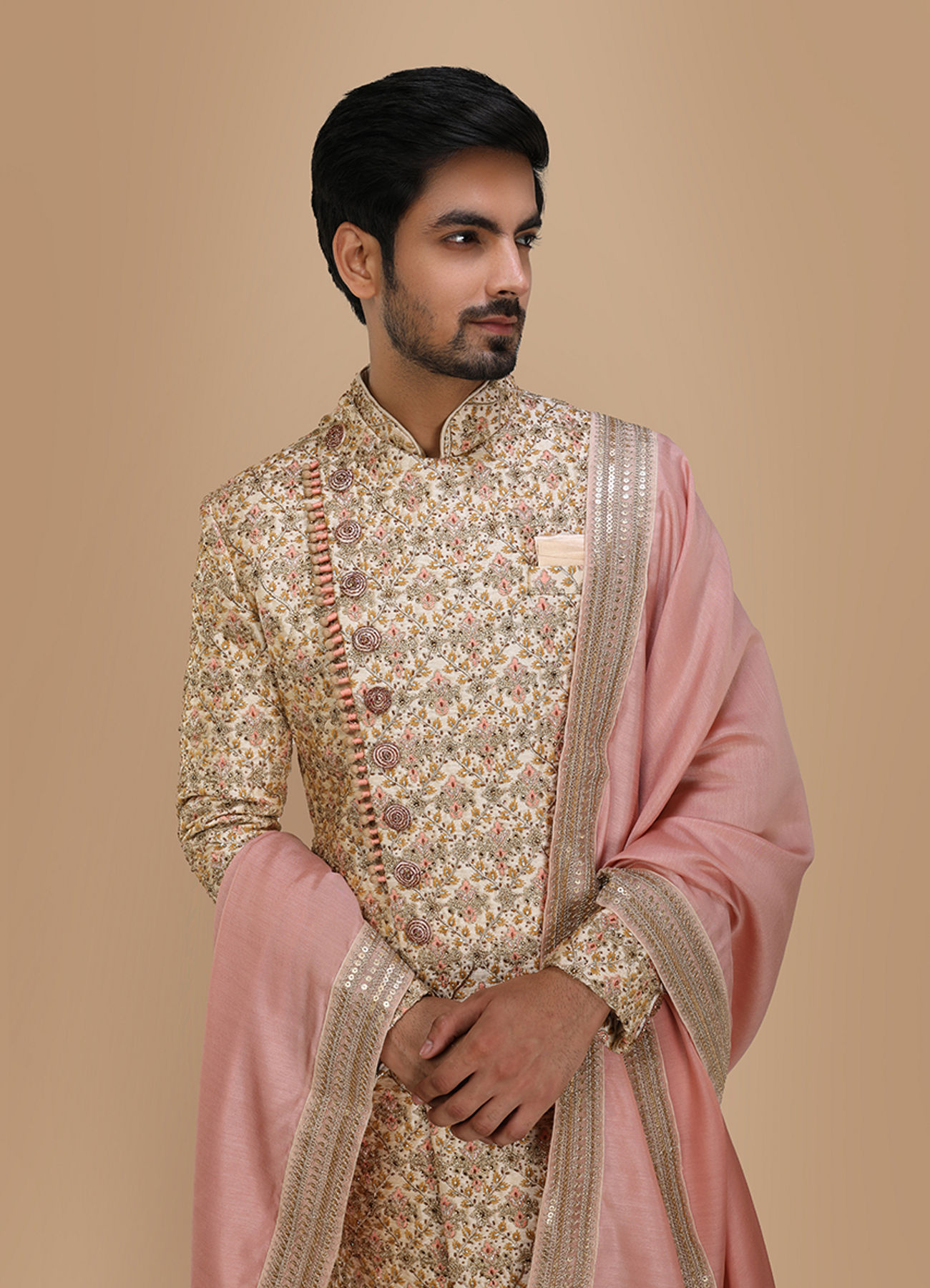 Manyavar Men Aesthetic Fawn Patterned Sherwani Set