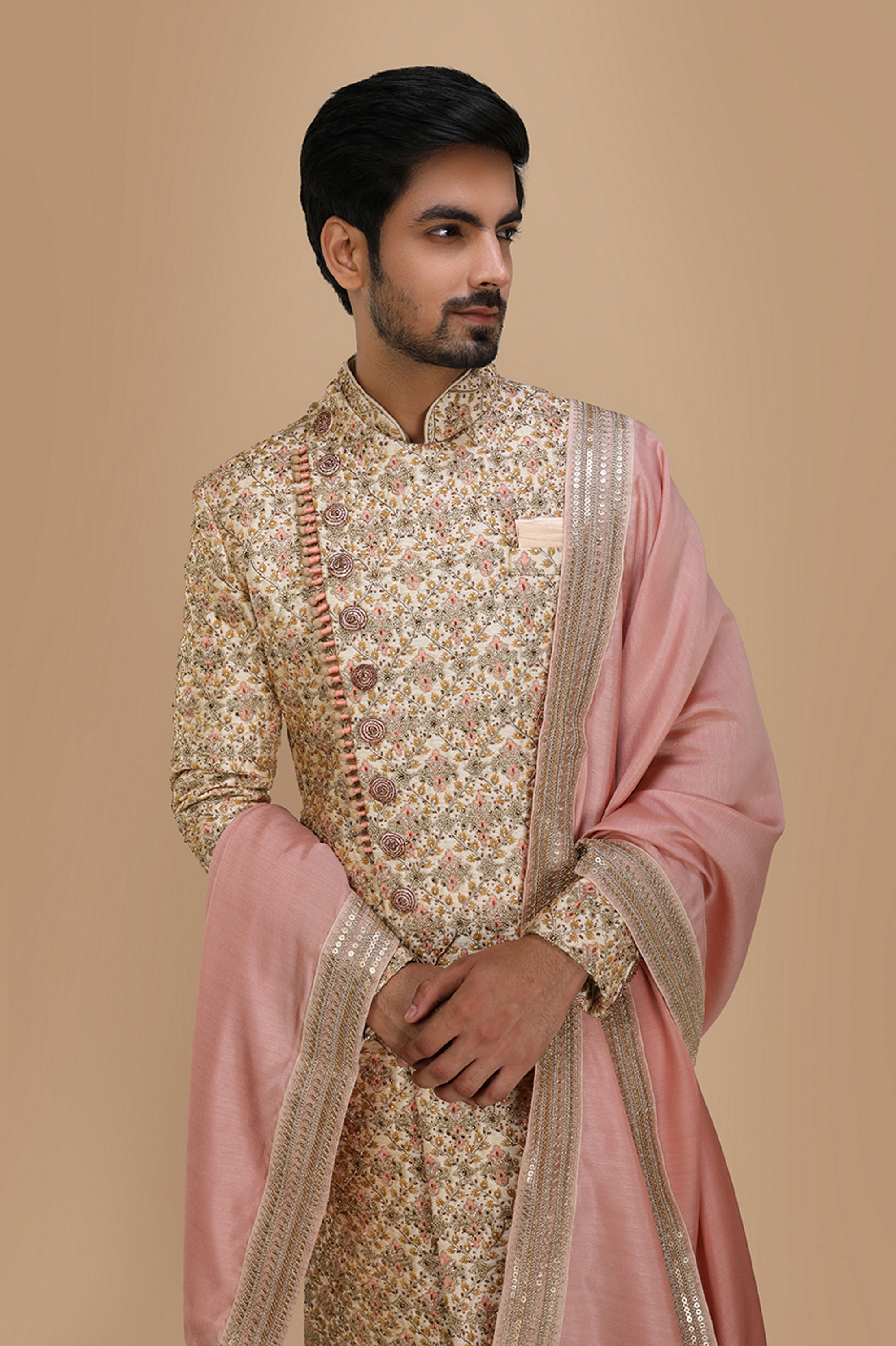 Manyavar Men Aesthetic Fawn Patterned Sherwani Set