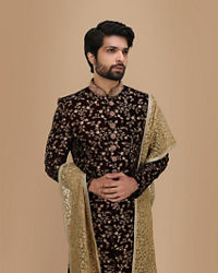 Manyavar Men Maroon Embroidered Groom Sherwani