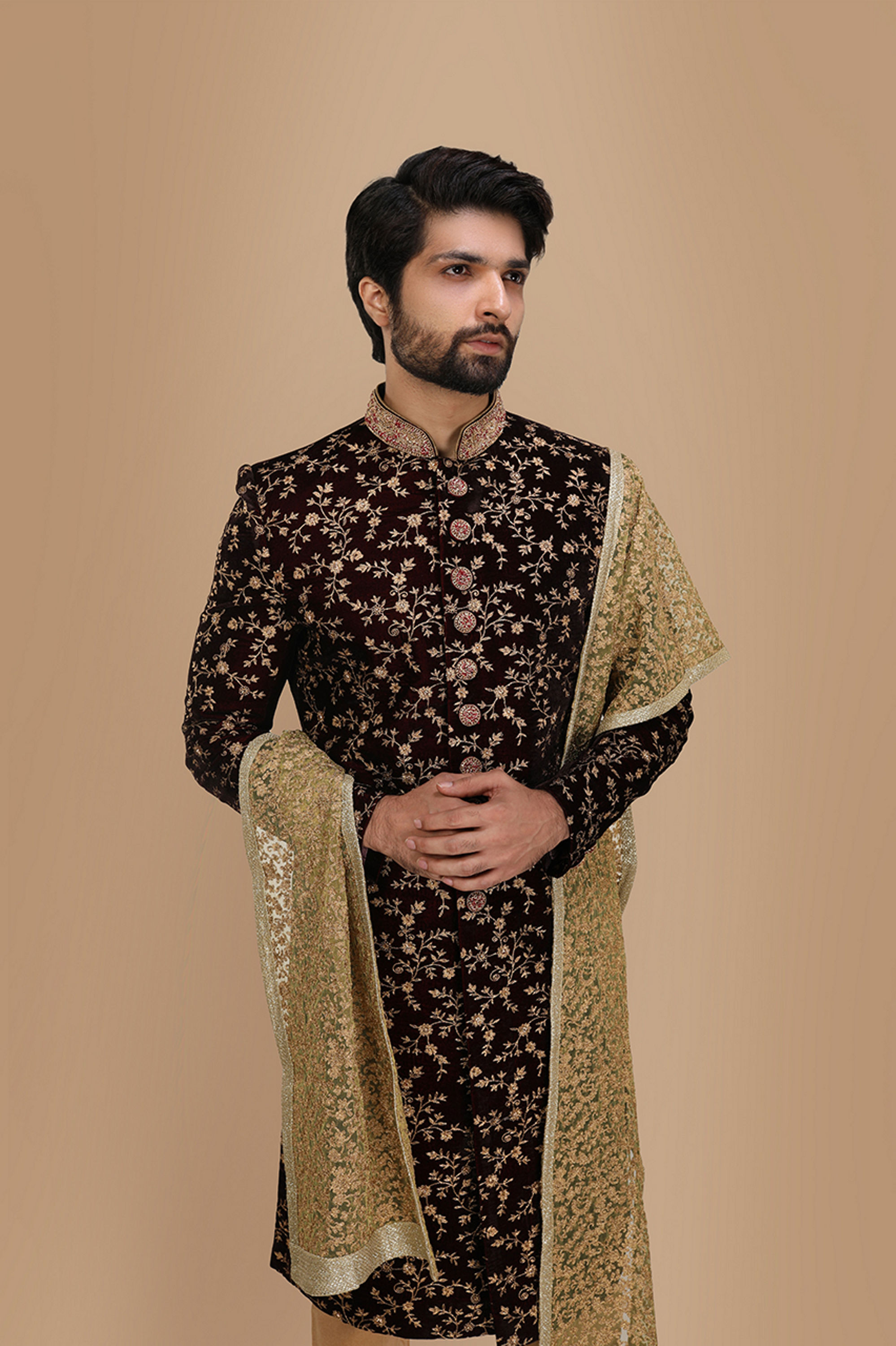 Manyavar Men Maroon Embroidered Groom Sherwani