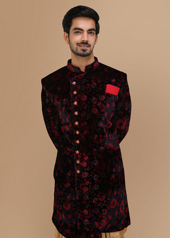 Manyavar Men Velvet Wine Shade Indo Western